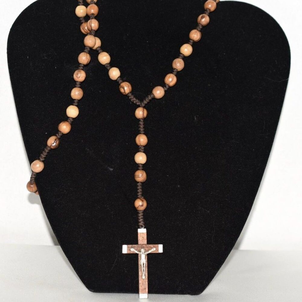 Vintage Religious 2" Wooden Cross/Beads 32" Leather Knotted Cord Necklace